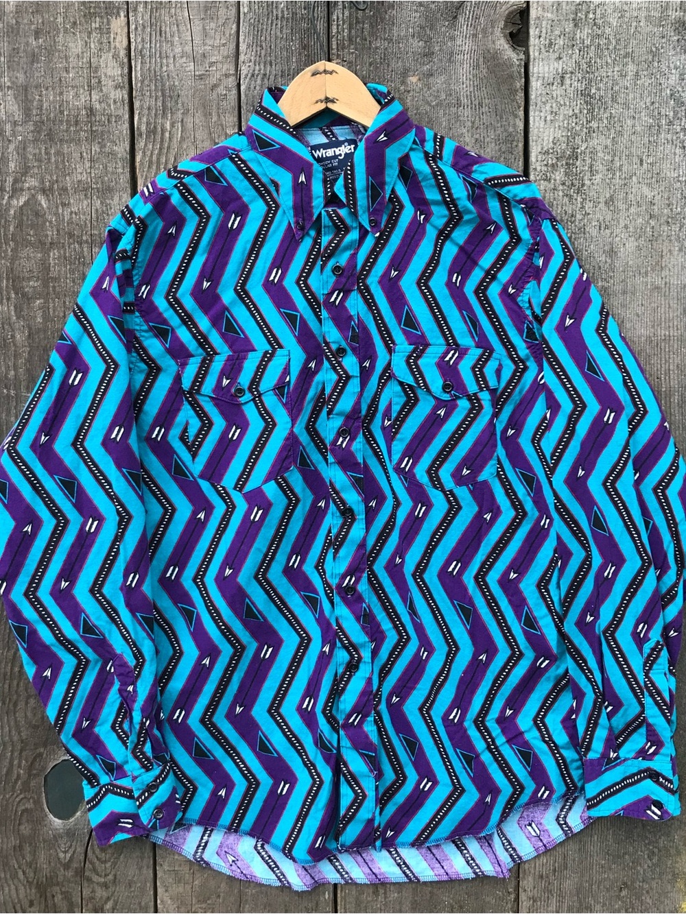 VTG 90s Wrangler Southwest Zig Zag Rodeo Cowboy Button Down Shirt 16 1/2-35
